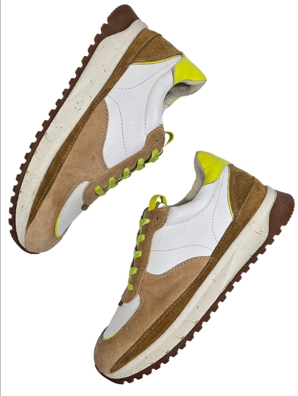 Madewell Kickoff Leather & Suede Tan White Neon Green Lace Up Cloudlift Trainer